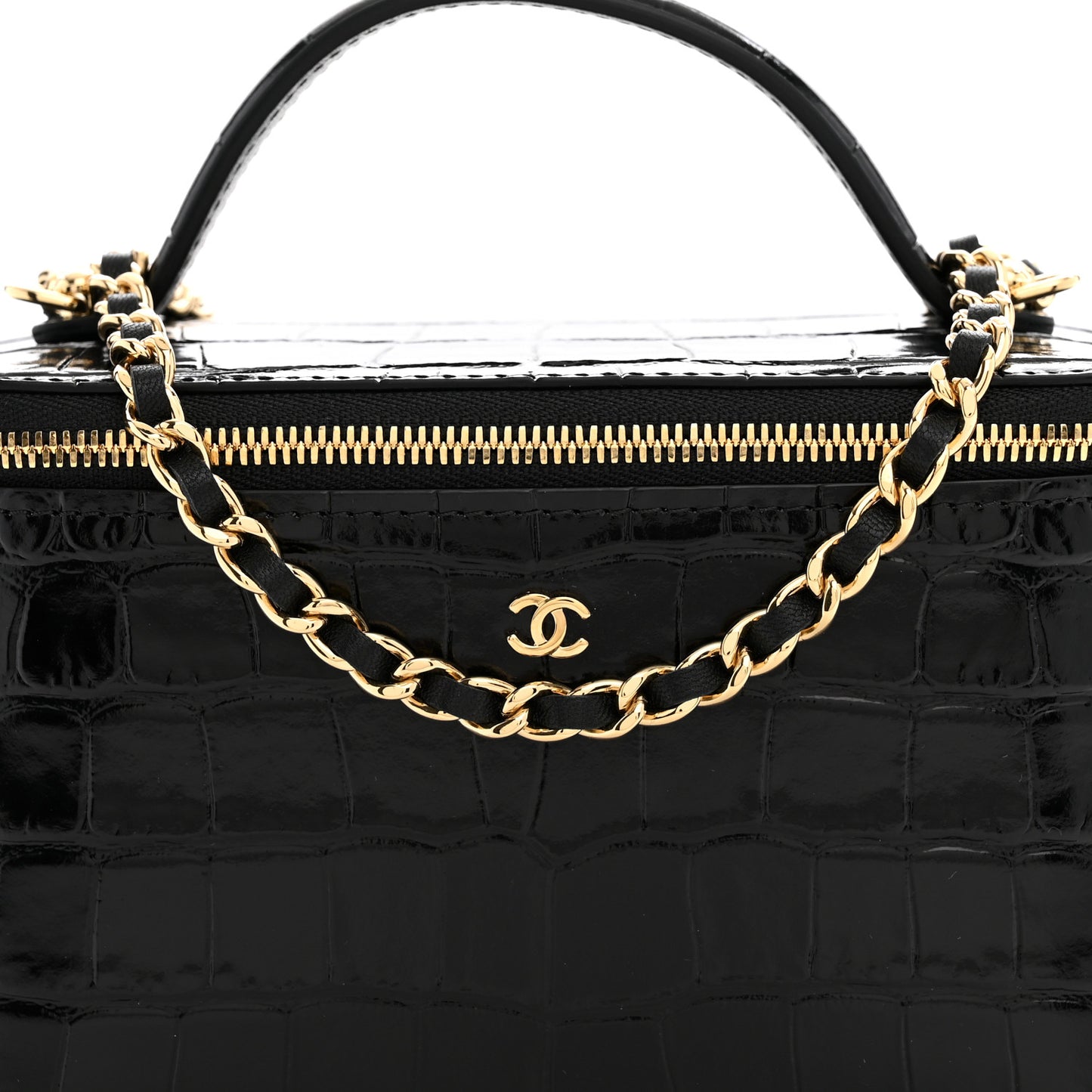 Calfskin Crocodile Embossed Crococo Small Top Handle Vanity Case With Chain Black