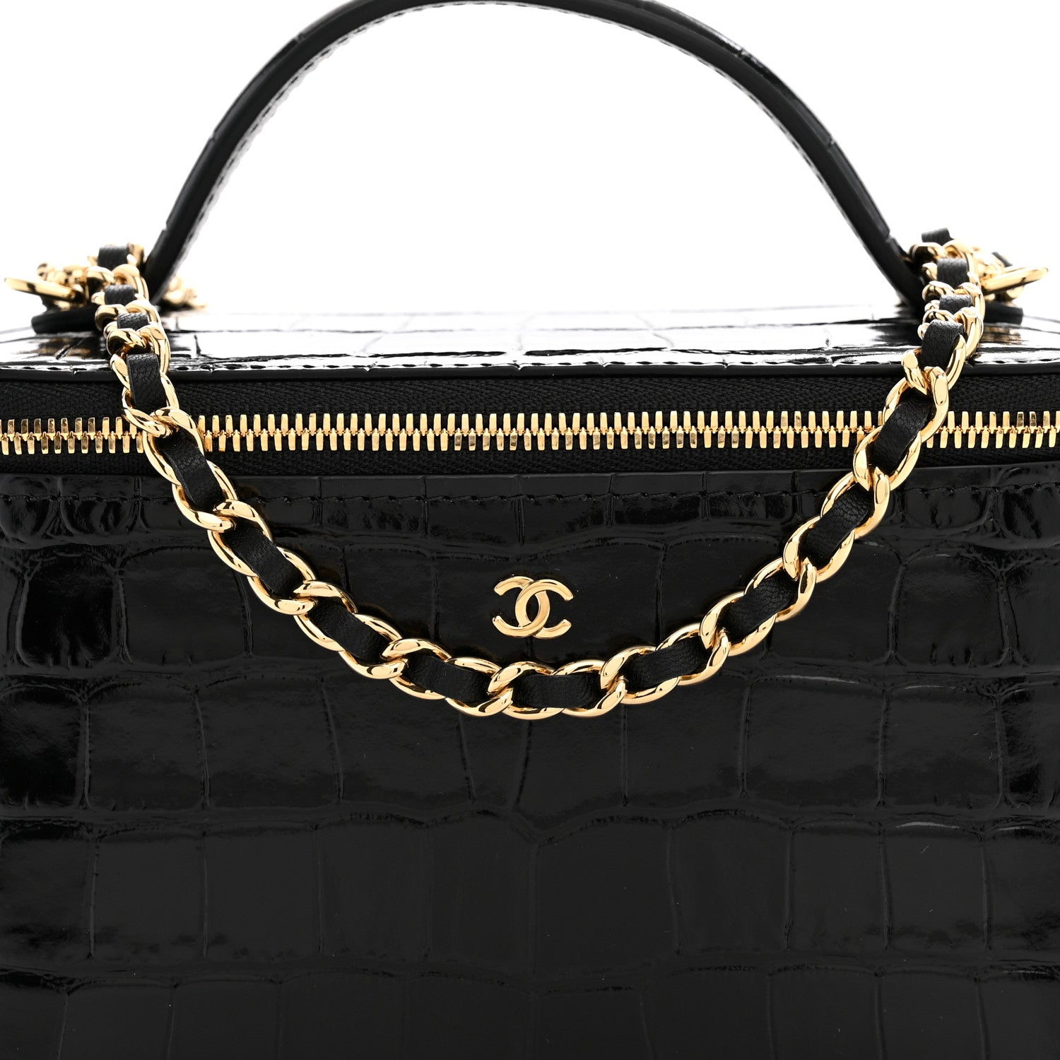 Chanel Calfskin Crocodile Embossed Crococo Small Top Handle Vanity Case With Chain Black 8 of 11