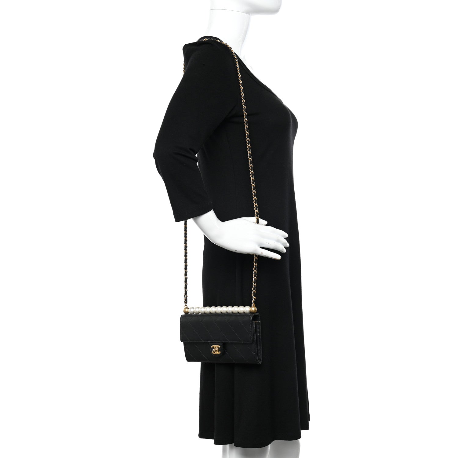 Chanel Goatskin Quilted Chic Pearls Clutch With Chain Black 2 of 12