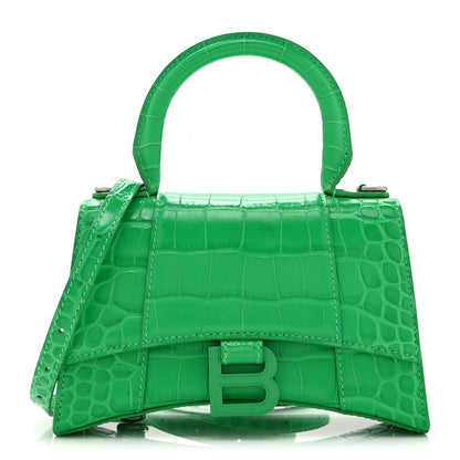 Balenciaga Shiny Calfskin Crocodile Embossed Hourglass Top Handle Bag XS Vivid Green 1 of 10