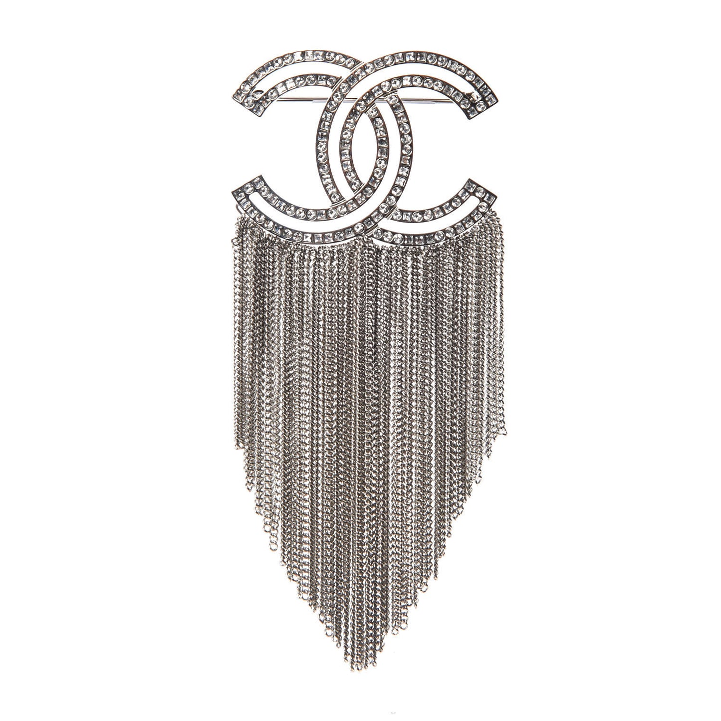 Crystal Chain Fringe CC Brooch Silver