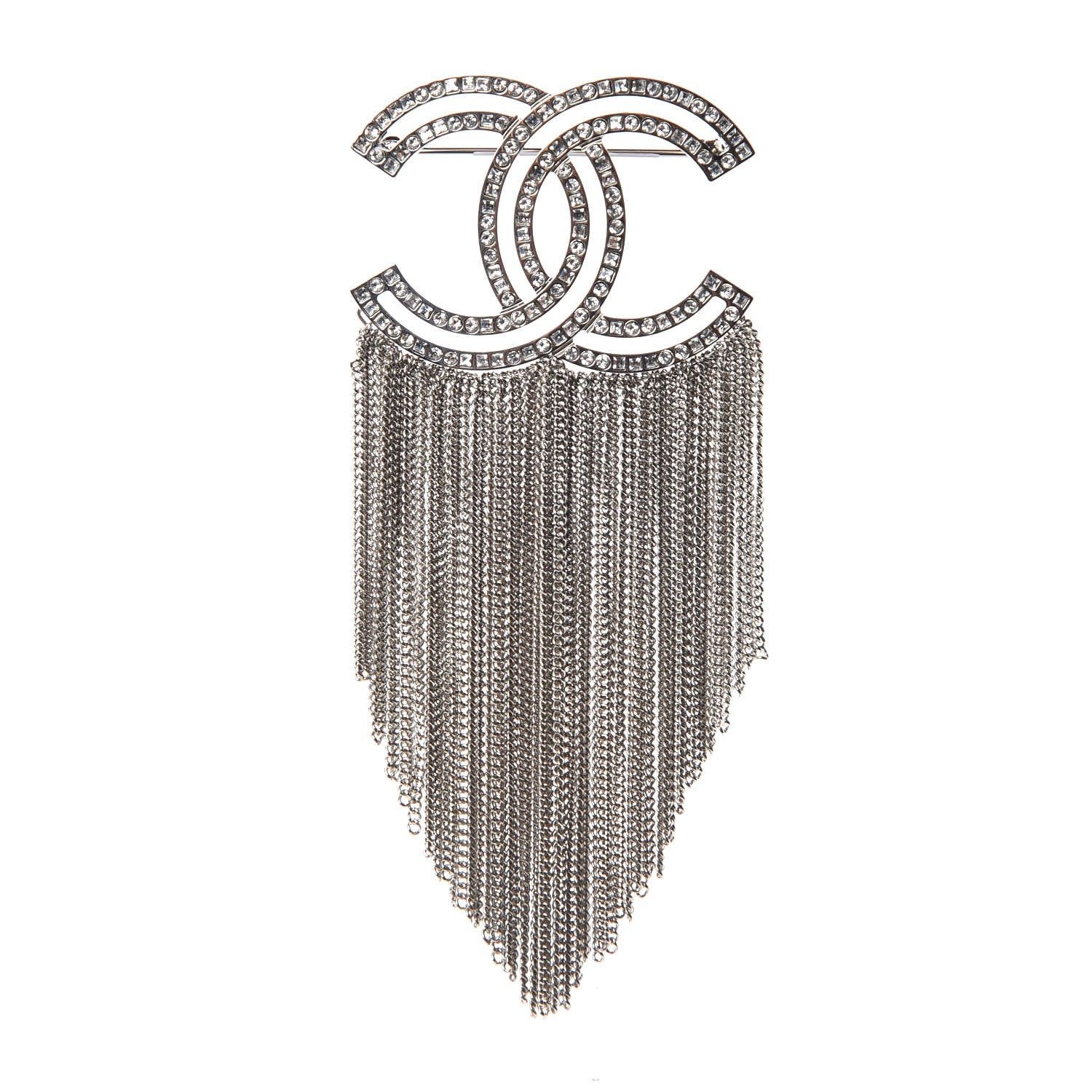Chanel Crystal Chain Fringe CC Brooch Silver 1 of 4