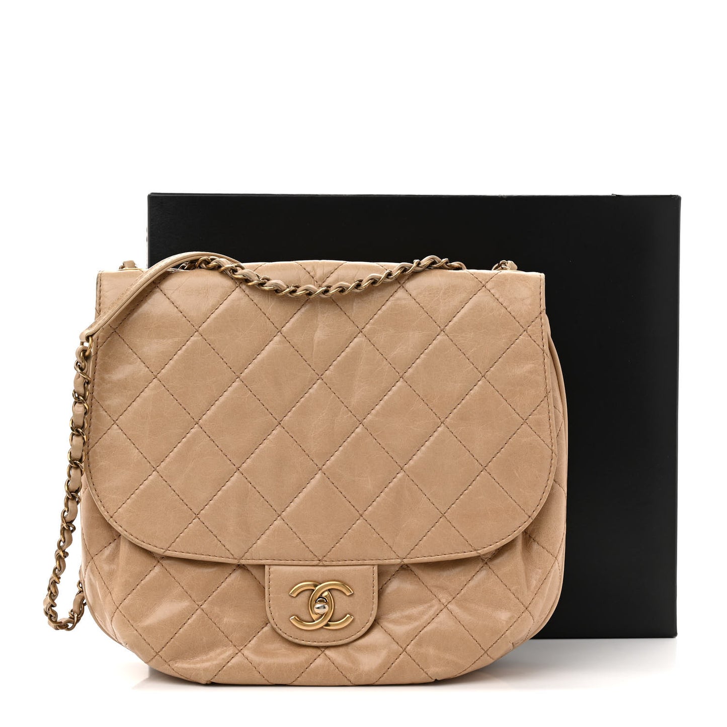 Glazed Calfskin Quilted Medium Bubble CC Flap Beige