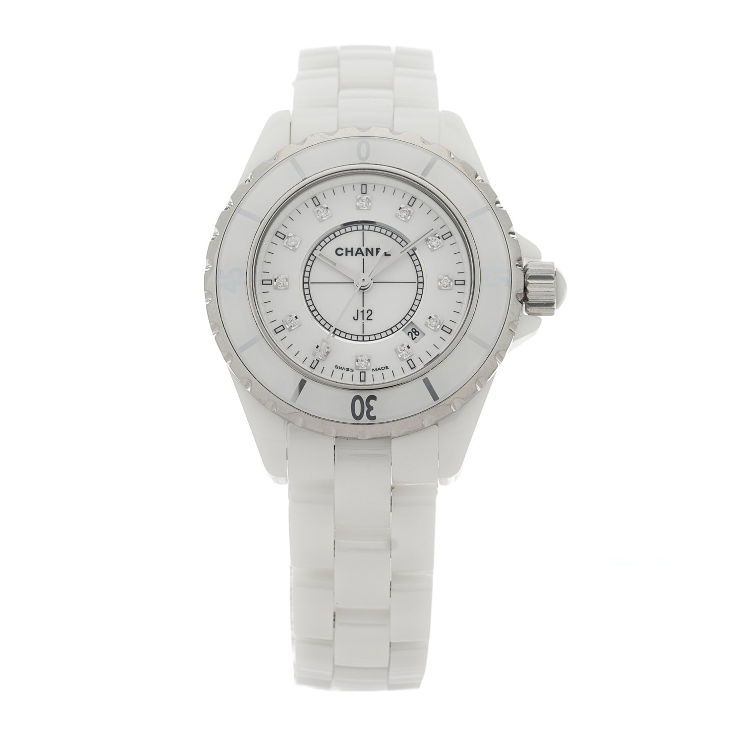 Stainless Steel Ceramic Diamond 33mm J12 Quartz Watch White