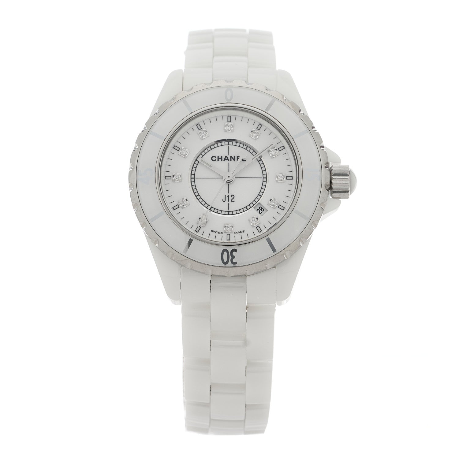 Chanel Stainless Steel Ceramic Diamond 33mm J12 Quartz Watch White 1 of 4