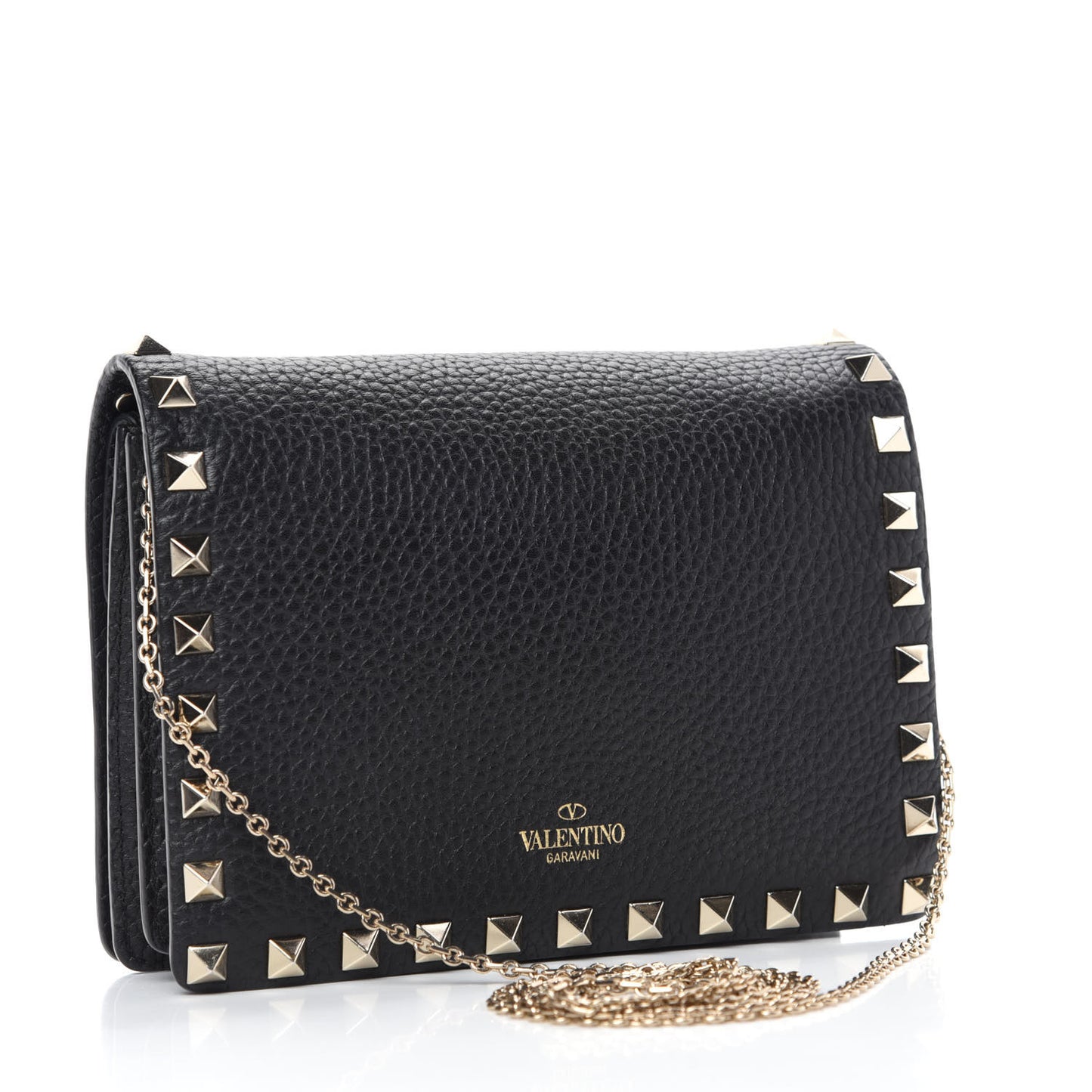 Pebbled Calfskin Rockstud Wallet on Chain Black