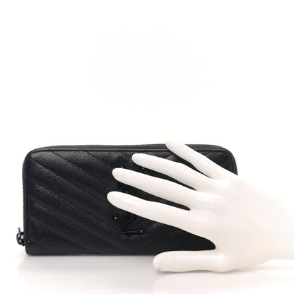 Saint Laurent Grain De Poudre Matelasse Chevron Monogram Monochrome Zip Around Wallet Black 2 of 9
