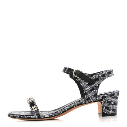 Chanel Tweed CC Chain Sandals 39 Navy Black 1 of 15