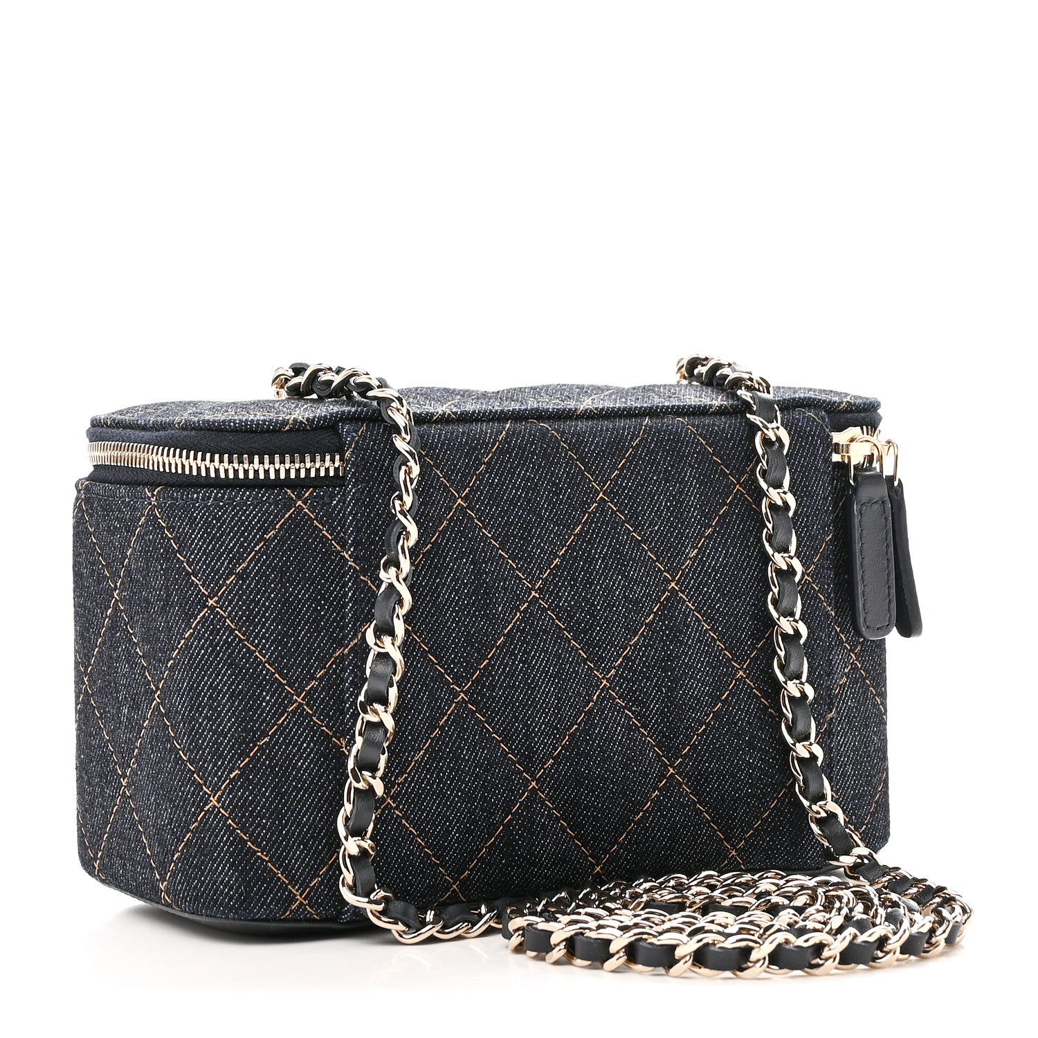 Chanel Denim Quilted Small Vanity Case With Chain Dark Blue Orange 3 of 11
