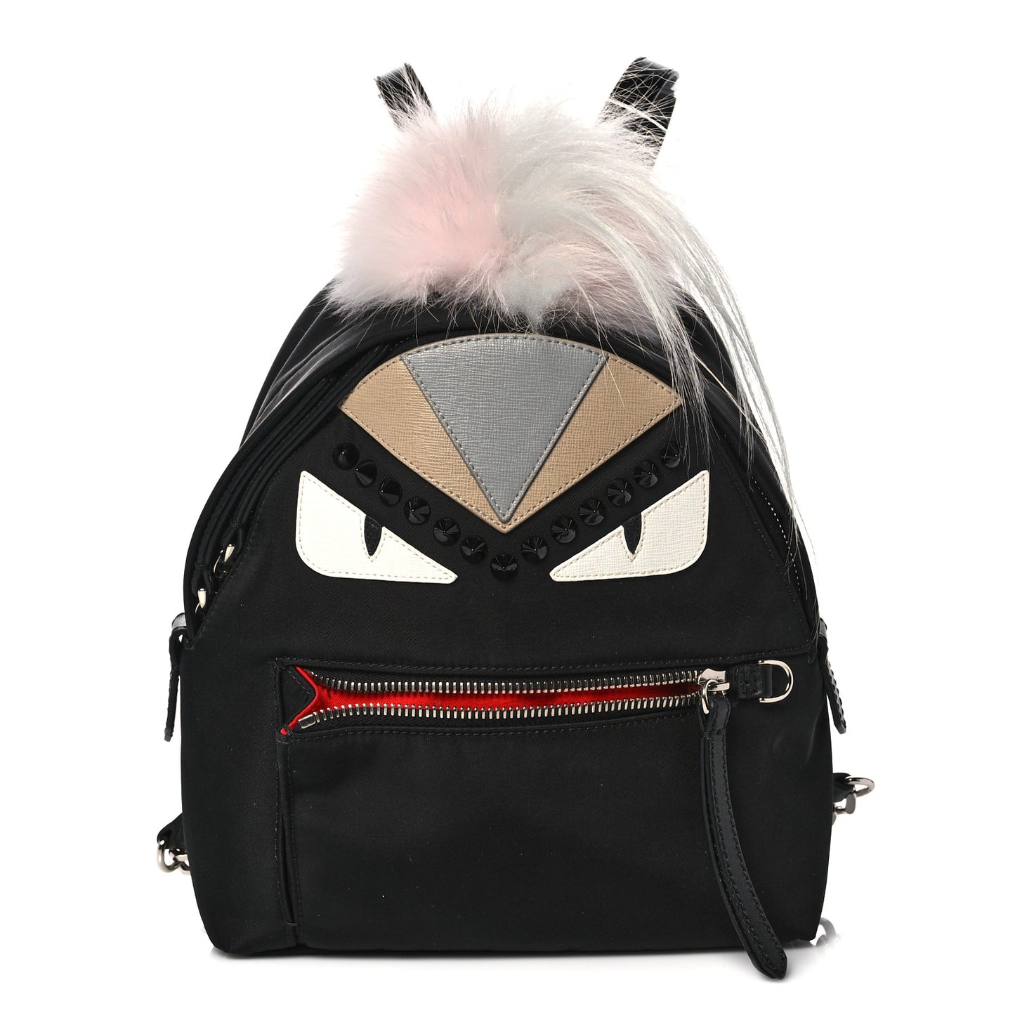 Nylon Vitello Elite Fox Goat Fur Monster Eyes Studded Mini Backpack Black Peonia Multicolor