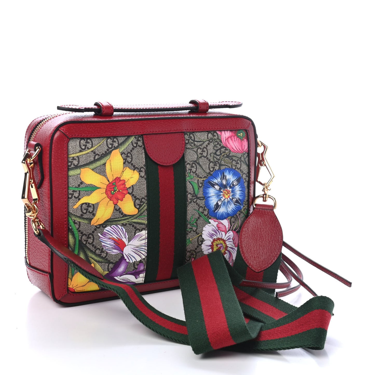 GG Supreme Monogram Flora Web Small Ophidia Top Handle Shoulder Bag Hibiscus Red