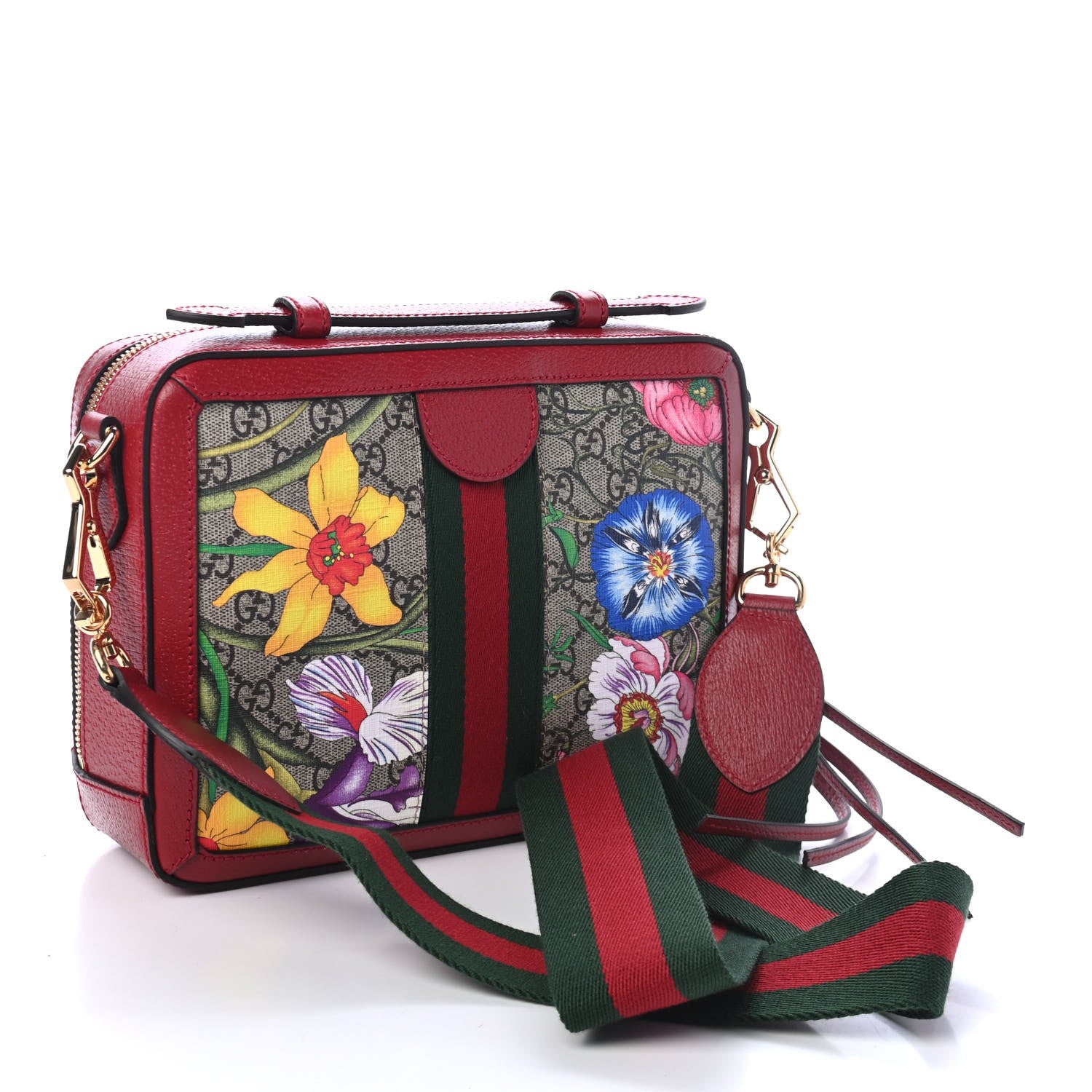 Gucci GG Supreme Monogram Flora Web Small Ophidia Top Handle Shoulder Bag Hibiscus Red 2 of 4