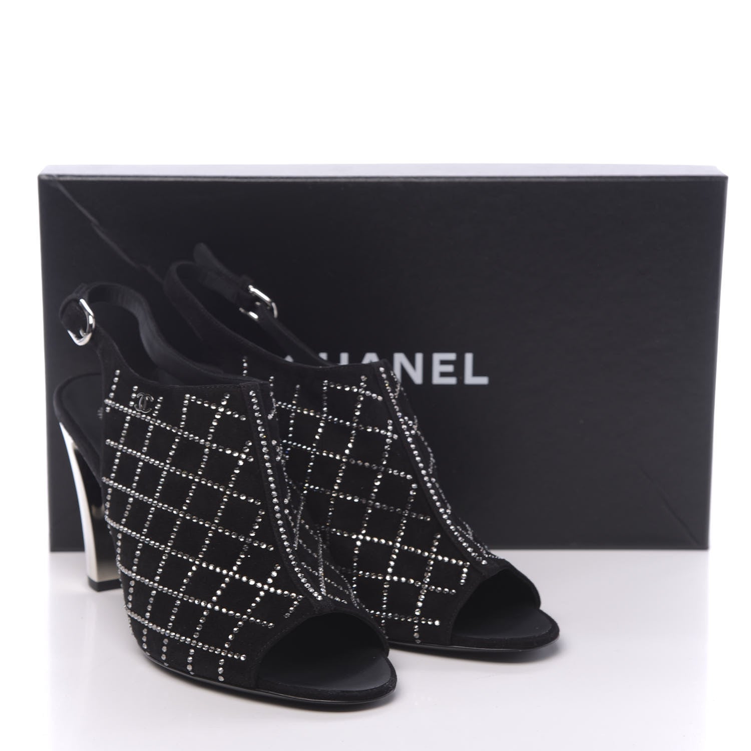 Chanel Kid Suede Strass Slingback Pumps 39 Black Silver 9 of 9