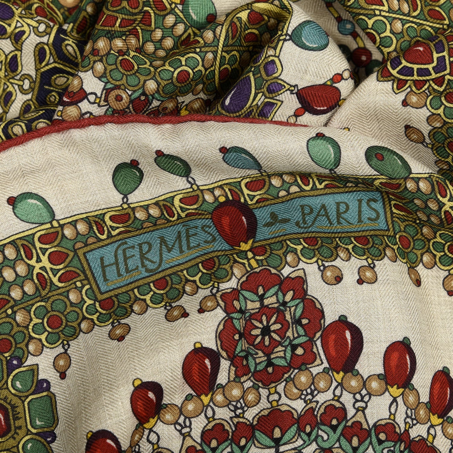 Hermes Cashmere Silk Parures Des Maharajas Shawl 140 Naturel Rouge H Vert 5 of 6