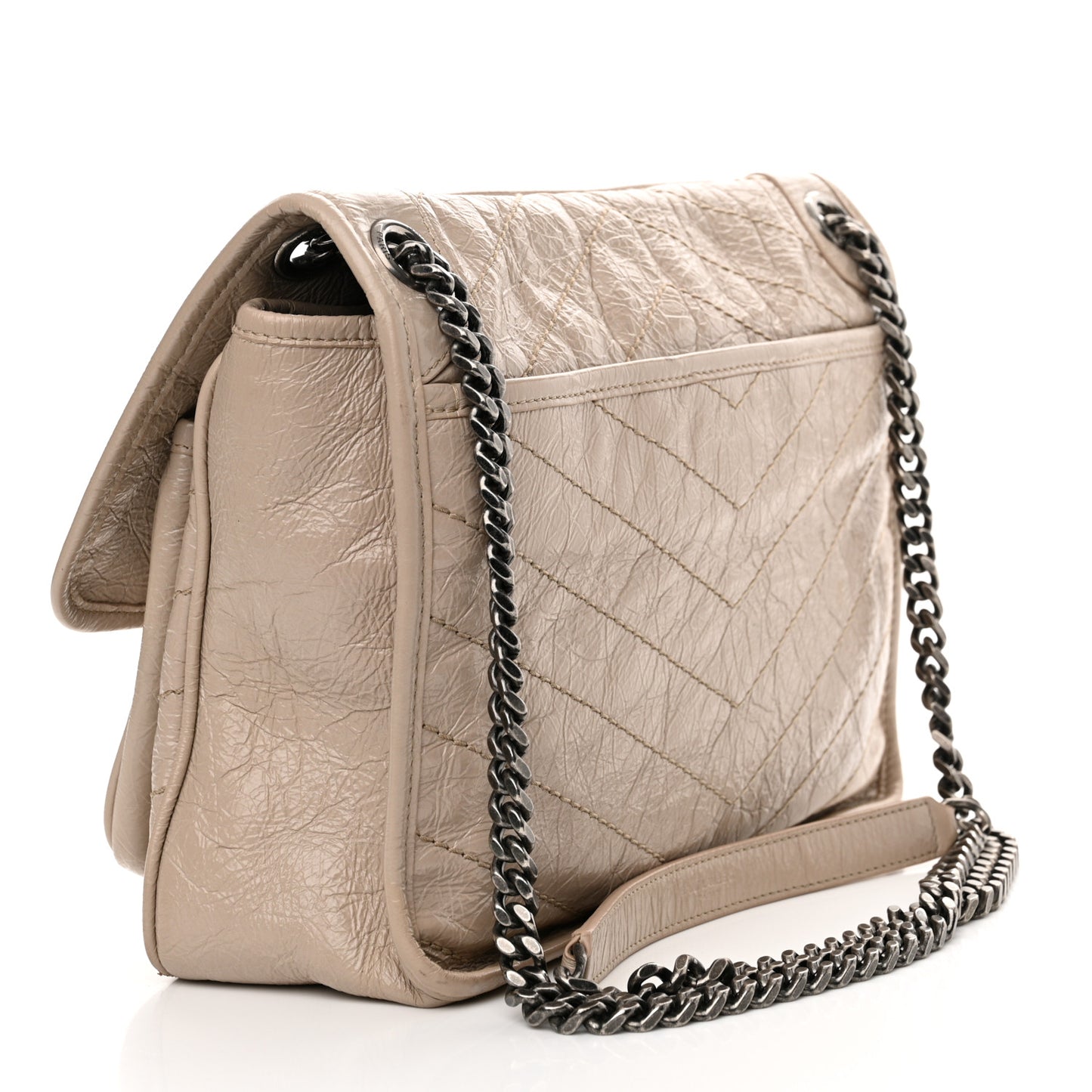 Crinkled Calfskin Matelasse Monogram Medium Niki Chain Satchel Light Taupe