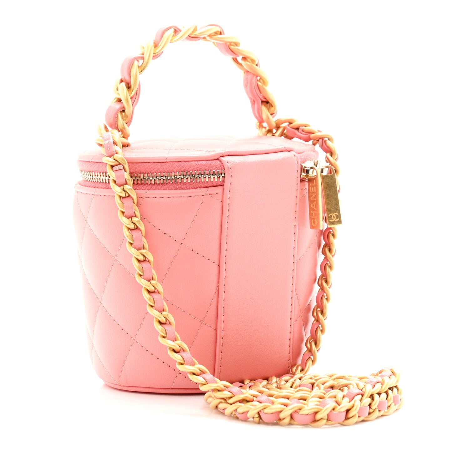 Lambskin Quilted Afternoon Tea Top Handle Vanity Case With Chain  Light Pink