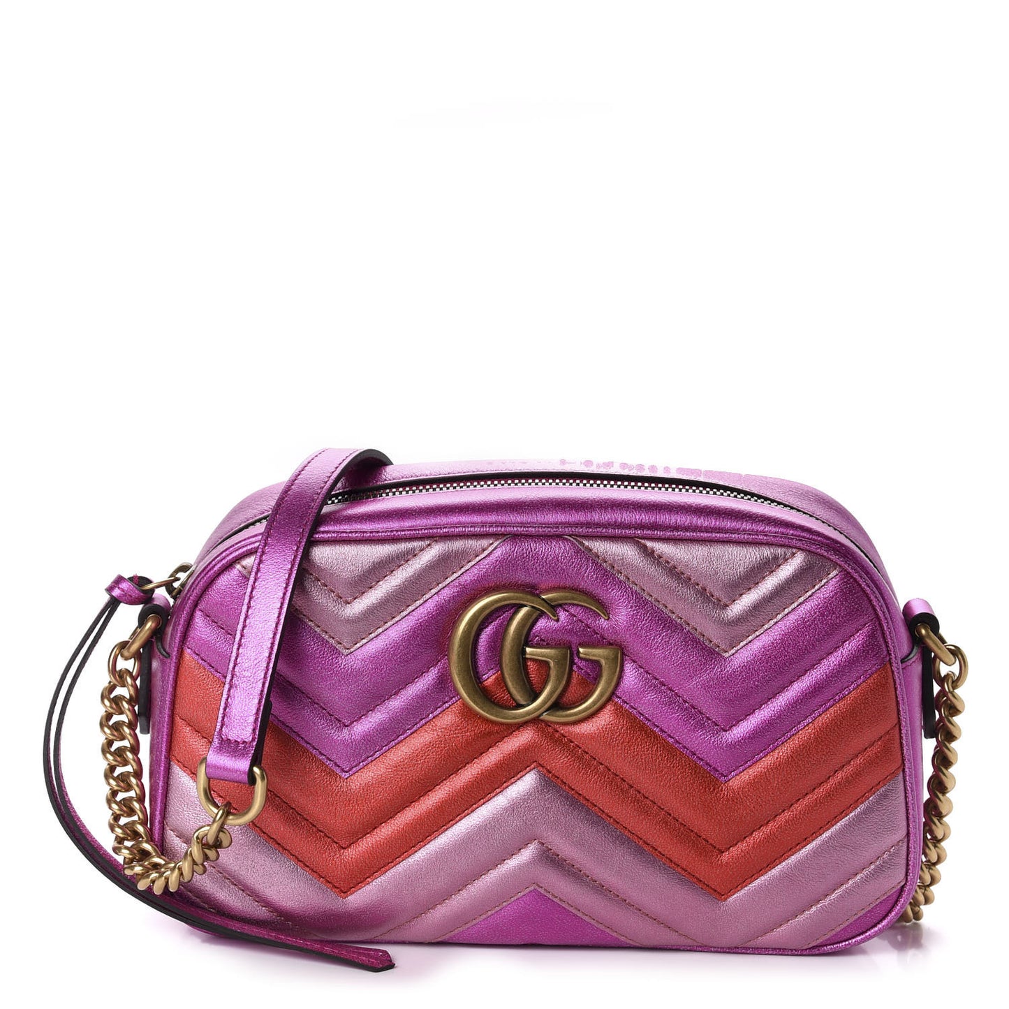 Laminated Nappa Matelasse Small GG Marmont Chain Shoulder Bag Fuxia Rosso Rosa