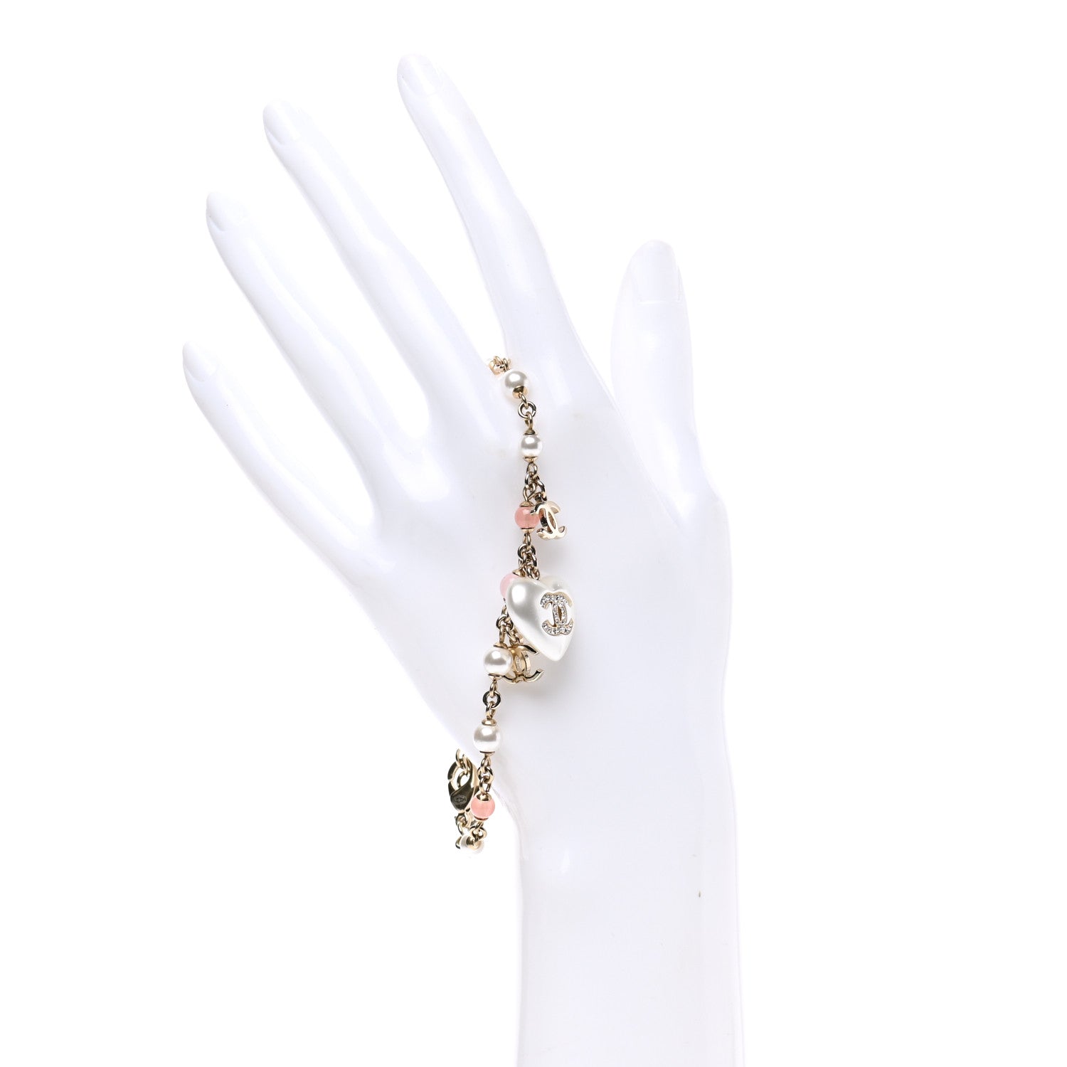 Chanel Pearl Crystal CC Heart Bracelet Pearly White Pink Gold 2 of 5