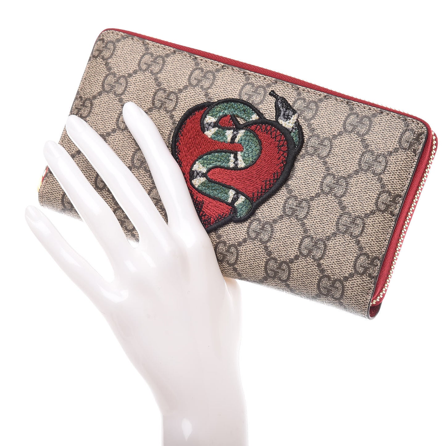 GG Supreme Monogram Kingsnake Heart Embroidered Zip Around Wallet Red