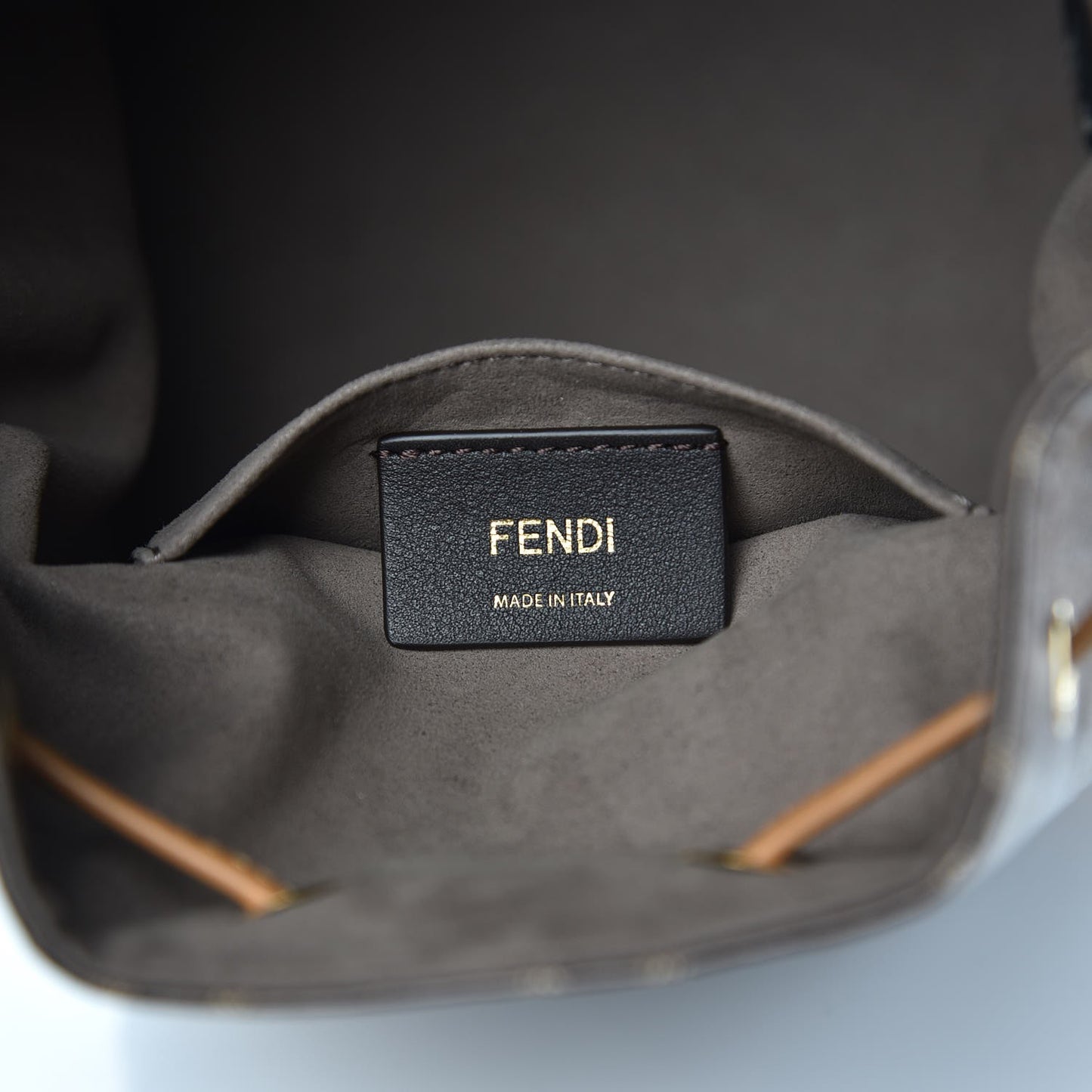 Glazed Fabric Vitello Grace F is Fendi FF 1974 Stamp Patch Grande Mon Tresor Bucket Bag Mogano Panna Nocciola