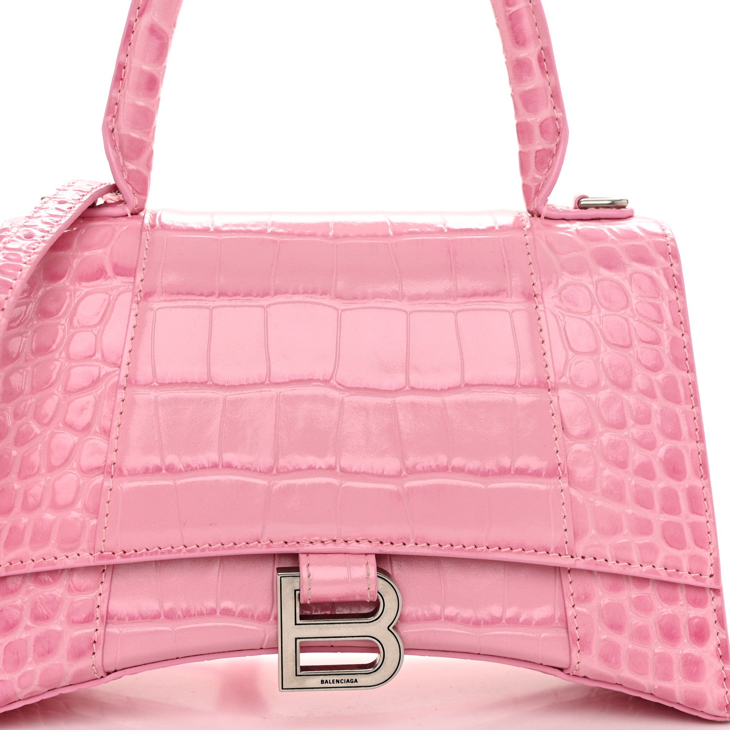 Balenciaga Shiny Calfskin Crocodile Embossed Small Hourglass Top Handle Bag Candy Pink 10 of 12