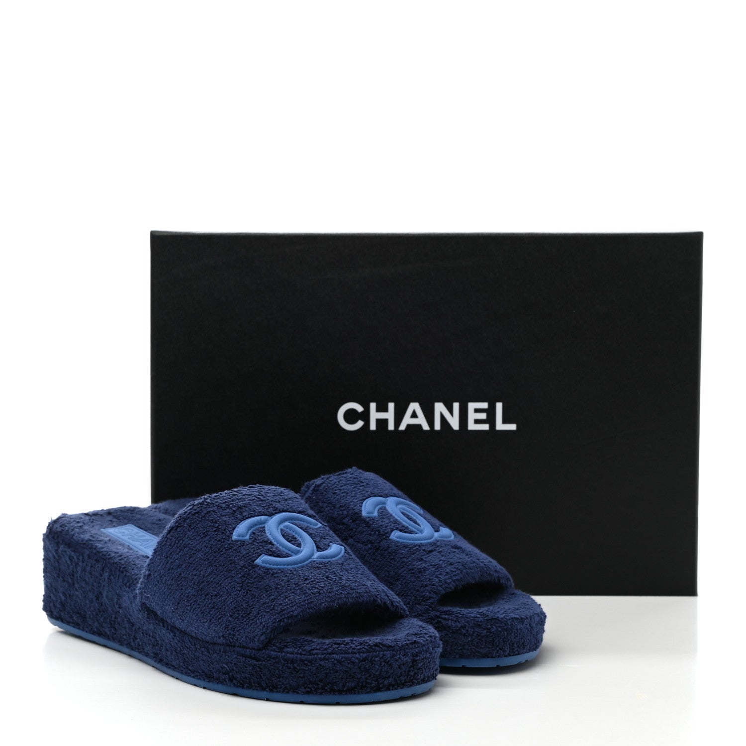 Chanel Terry CC Flat Mules Sandals 38 Dark Navy Blue 9 of 9