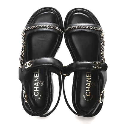 Chanel Lambskin Quilted Chain CC Platform Sandals 37.5 Black 2 of 9
