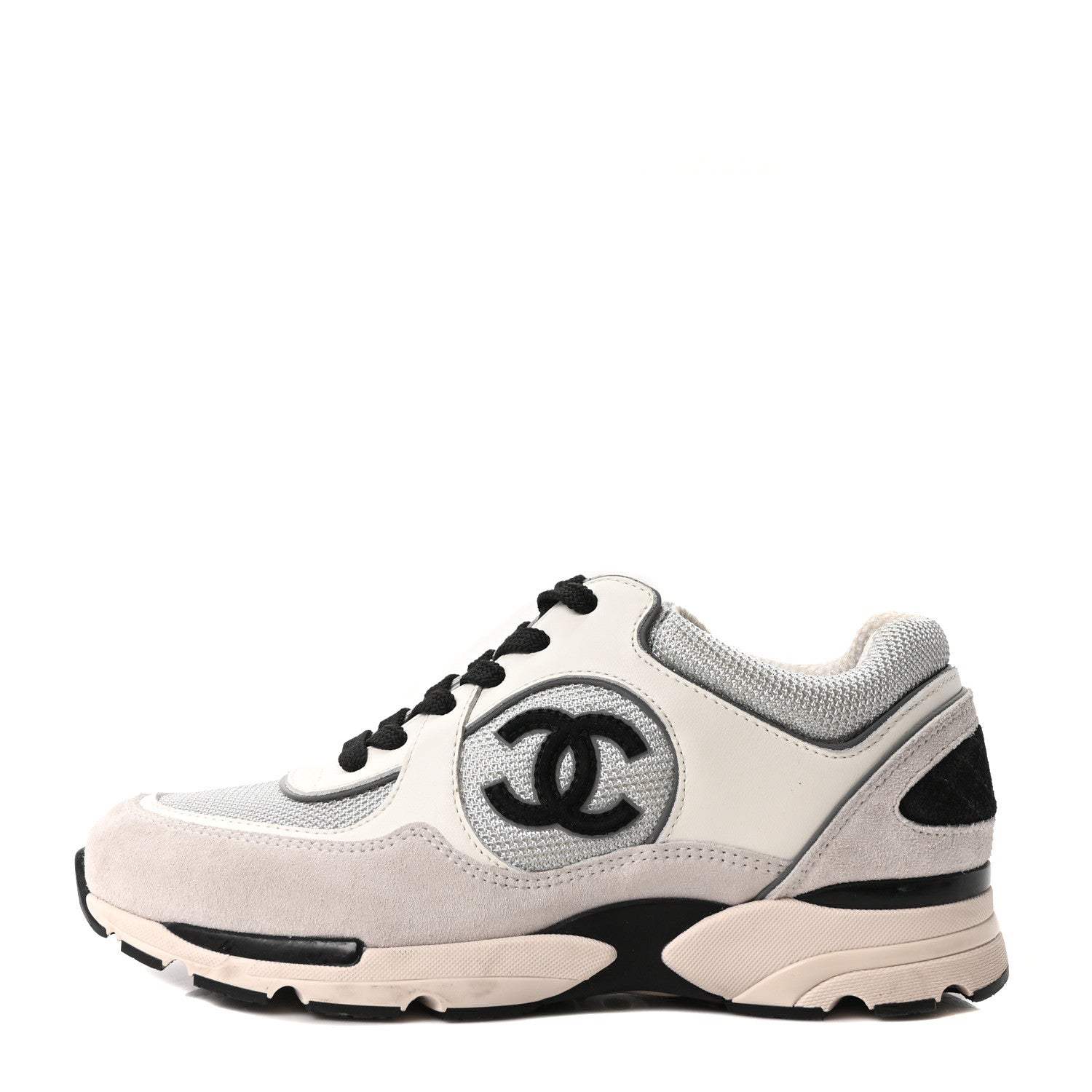 Chanel Mesh Suede Calfskin Grained Calfskin Womens CC Sneakers 37.5 White Silver Light Grey 1 of 8
