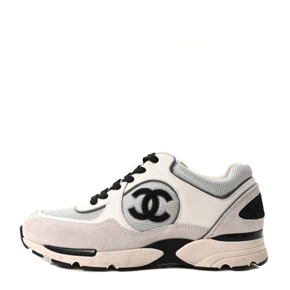 Chanel Mesh Suede Calfskin Grained Calfskin Womens CC Sneakers 37.5 White Silver Light Grey 1 of 8