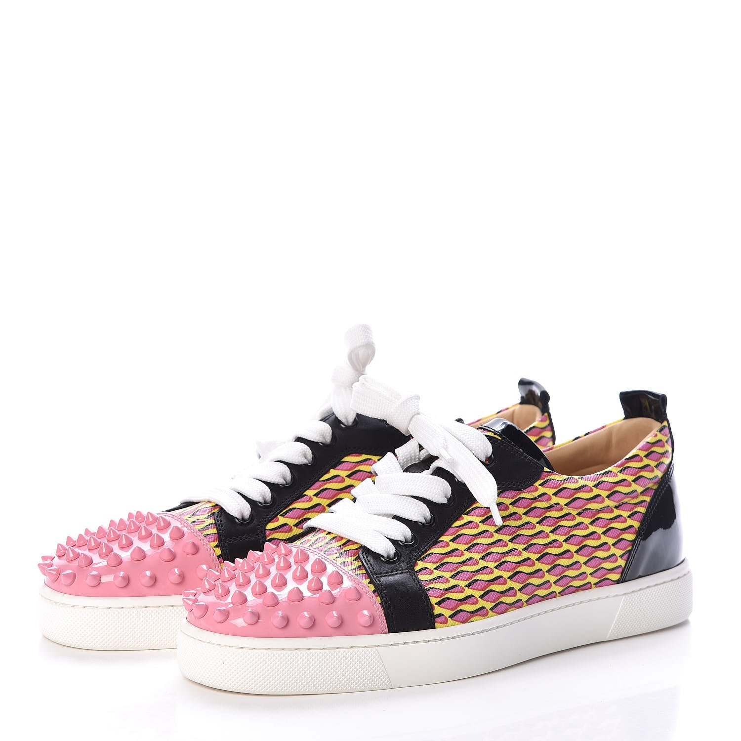 Christian Louboutin Patent Toile Womens Louis Junior Spikes Flat Sneakers 38 Jaune 3 of 8