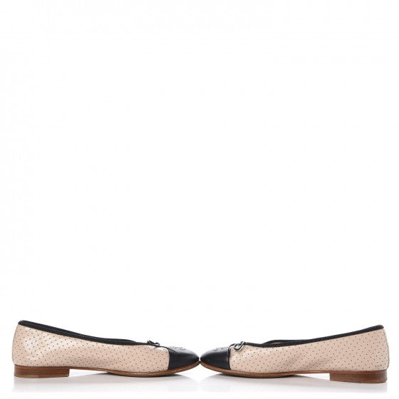 Chanel Lambskin Perforated Cap Toe Ballerina Flats 36 Beige Black 5 of 10