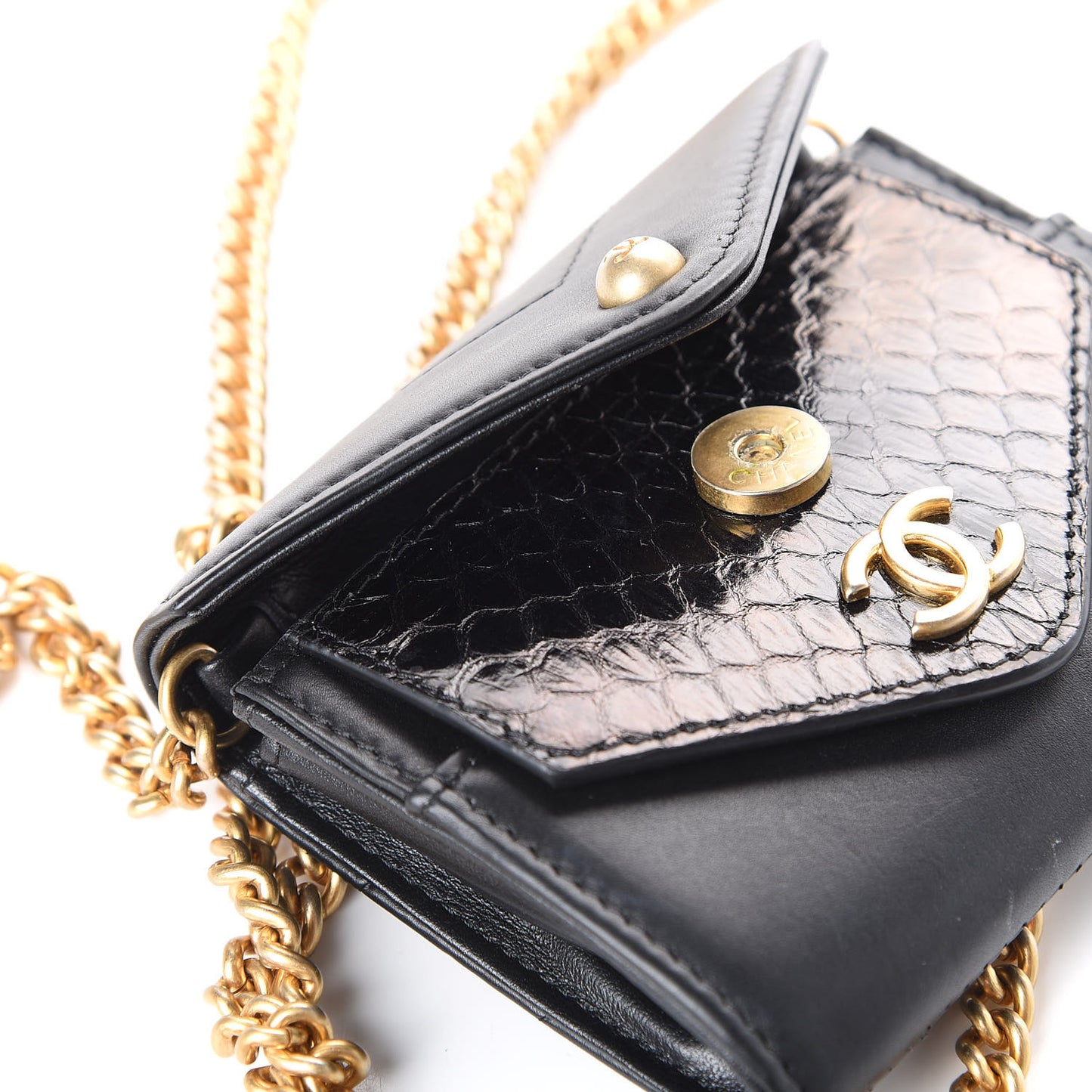 Snakeskin Calfskin Embossed Chevron Quilted CC Chain Wallet Black