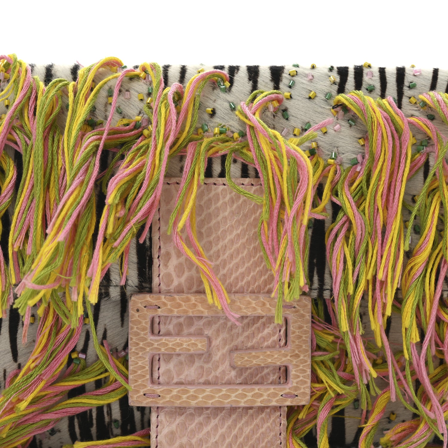 Fendi Calf Hair Snakeskin Zebra Print Beaded Fringe Baguette Multicolor 8 of 11