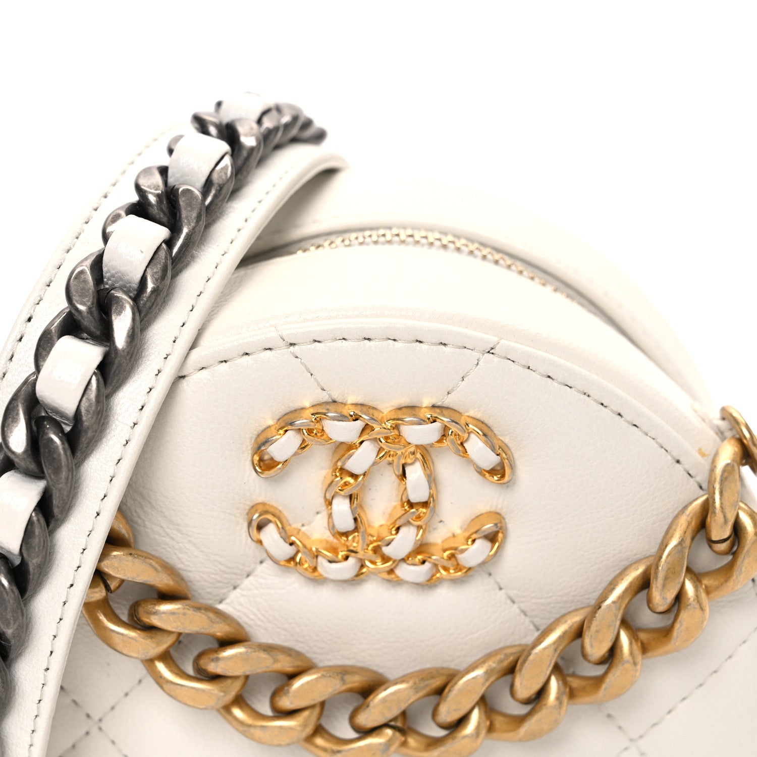Chanel Shiny Goatskin Quilted Chanel 19 Round Clutch With Chain White 8 of 10