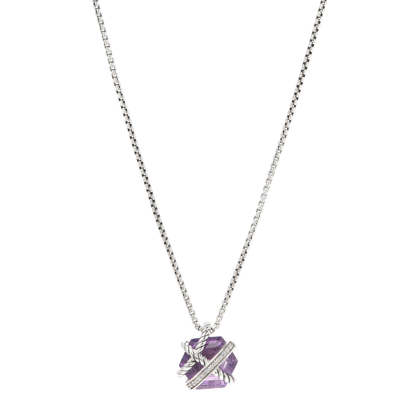 Sterling Silver Diamond Amethyst 10mm Petite Cable Wrap Pendant Necklace