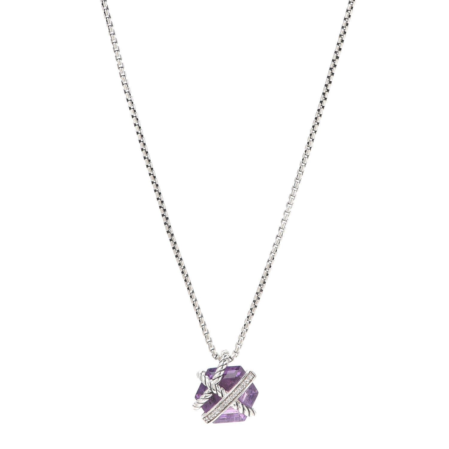 David Yurman Sterling Silver Diamond Amethyst 10mm Petite Cable Wrap Pendant Necklace 1 of 5
