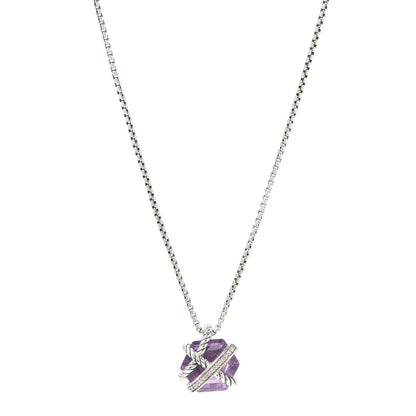 David Yurman Sterling Silver Diamond Amethyst 10mm Petite Cable Wrap Pendant Necklace 1 of 5