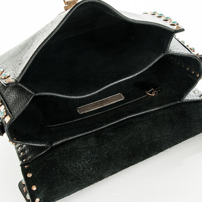 Valentino Garavani Pebbled Calfskin Turquoise Medium Guitar Strap Rockstud Rolling Flap Saddle Bag Black 6 of 7