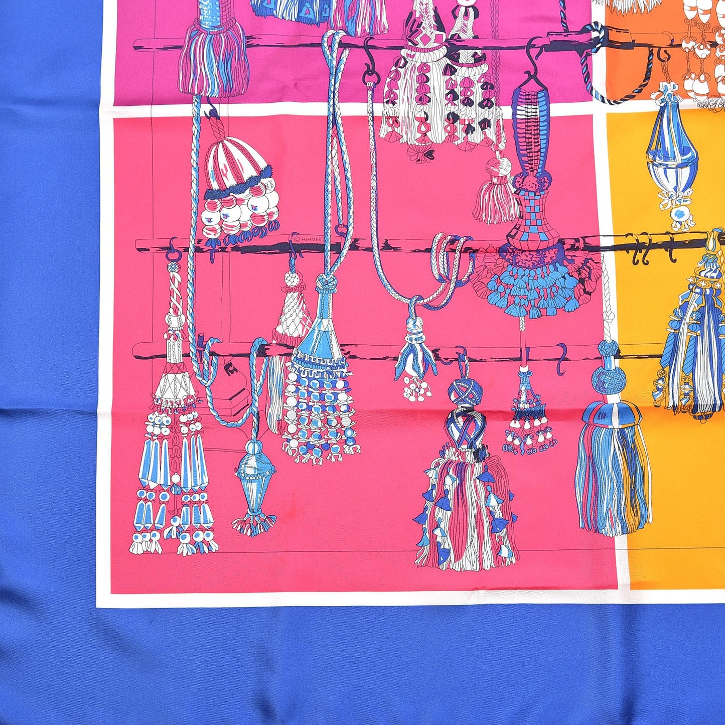 Silk Passementerie Quadri Scarf 90 Bleu Dur Rose Vif Orange