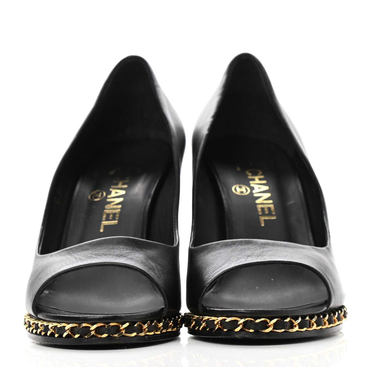 Calfskin Chain Peep Toe Wedge Pumps 39.5 Black