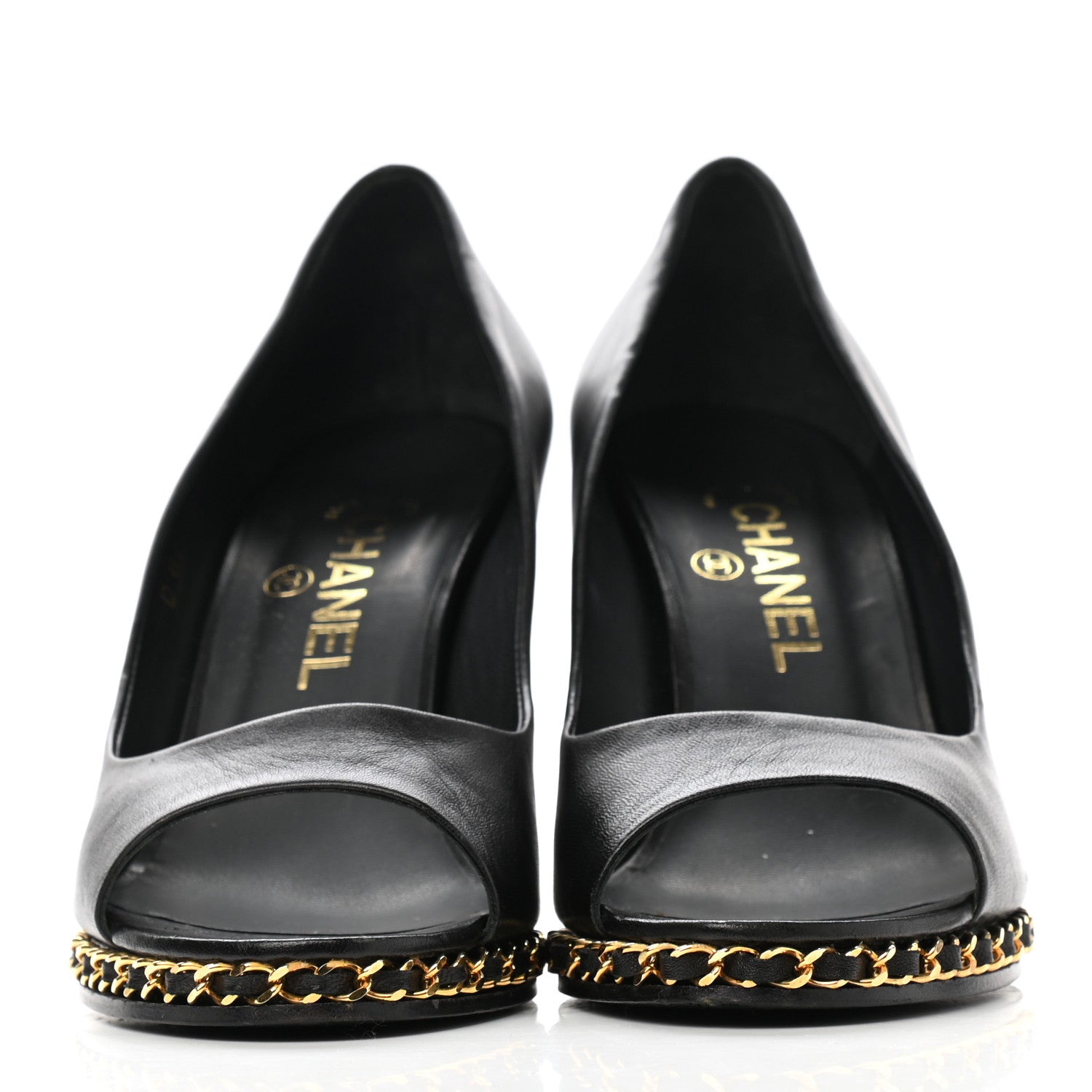 Chanel Calfskin Chain Peep Toe Wedge Pumps 39.5 Black 2 of 13
