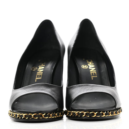 Chanel Calfskin Chain Peep Toe Wedge Pumps 39.5 Black 2 of 13