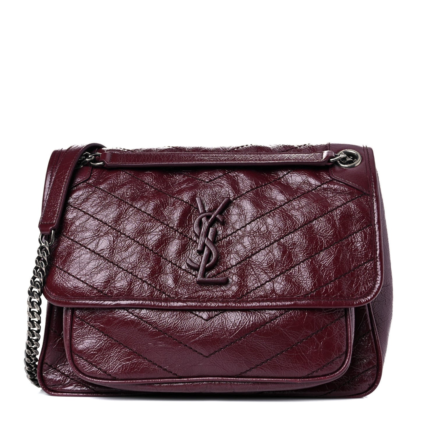 Crinkled Calfskin Matelasse Monogram Medium Niki Chain Satchel Burgundy