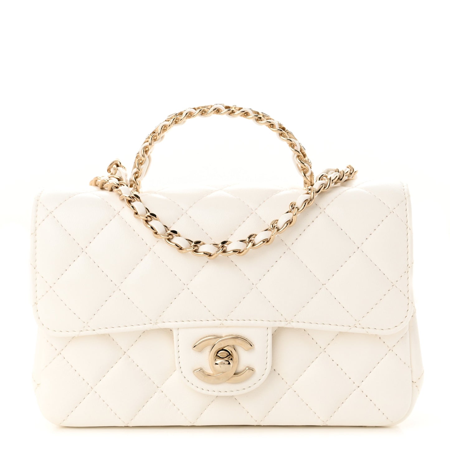 Lambskin Quilted Mini Crystal Top Handle Rectangular Flap White