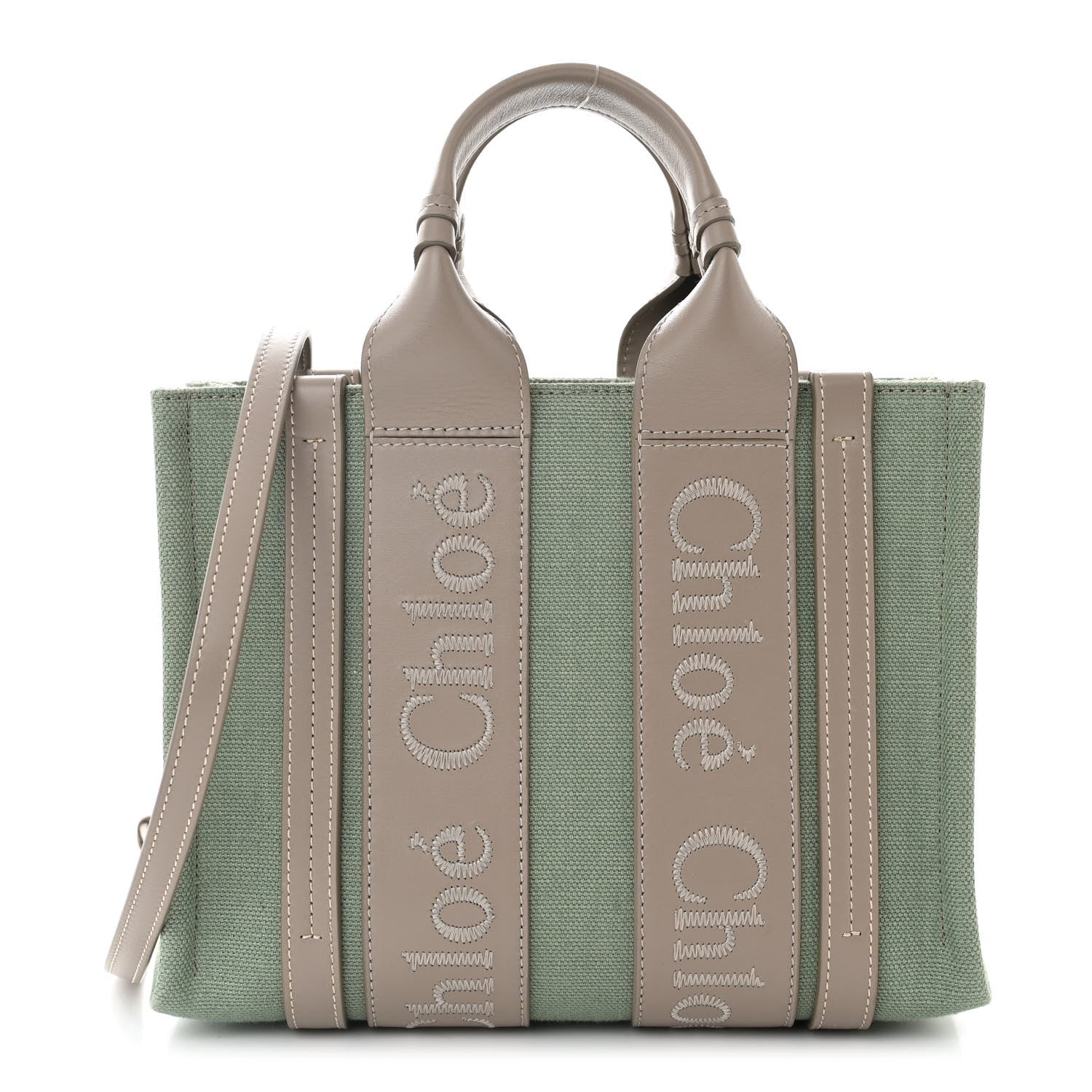 Chloe Cotton Calfskin Small Woody Ribbon Tote Faded Green 1 of 10