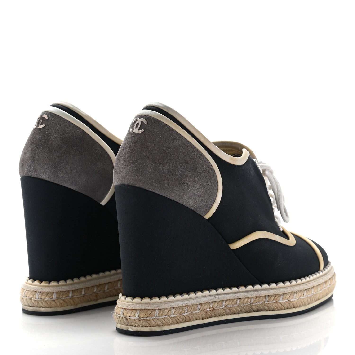 Chanel Silk Crepe Suede Calfskin Lace Up Wedge Espadrilles 35 Navy Grey 4 of 19