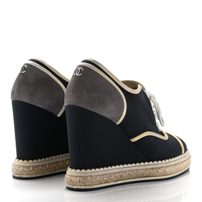 Chanel Silk Crepe Suede Calfskin Lace Up Wedge Espadrilles 35 Navy Grey 4 of 19