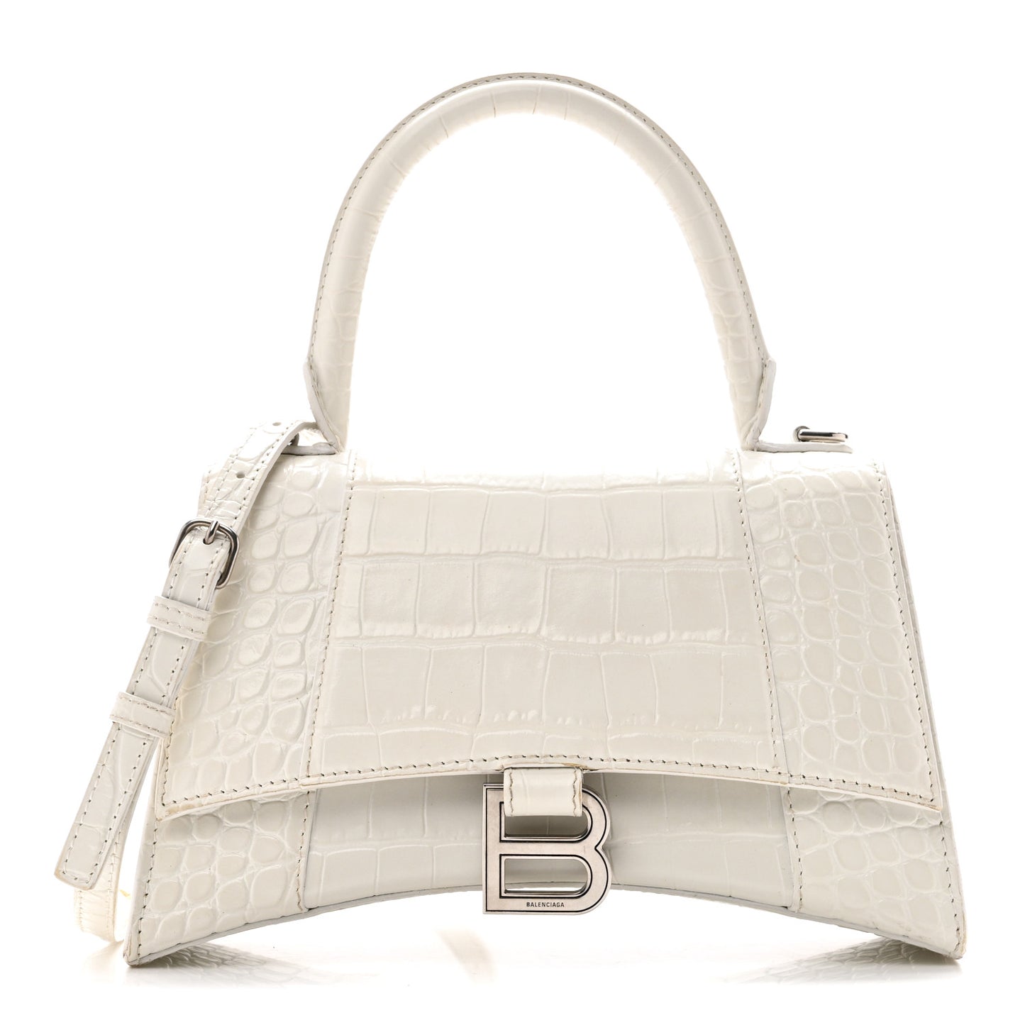 Calfskin Crocodile Embossed Small Hourglass Top Handle Bag White