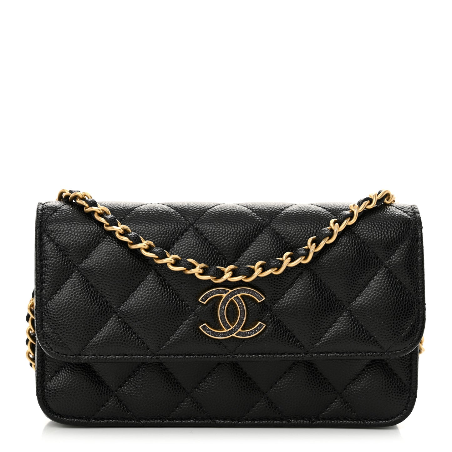 Caviar Quilted Glitter CC Roller Skate Wallet On Chain WOC Black