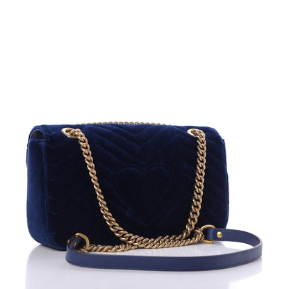 Gucci Velvet Matelasse Deer Embroidered Small GG Marmont Shoulder Bag Cobalt 3 of 10